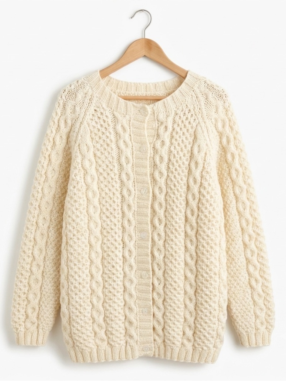 Vintage Irish Aran Wool Cable Knit Cardigan Cream Ivory Honeycomb XL